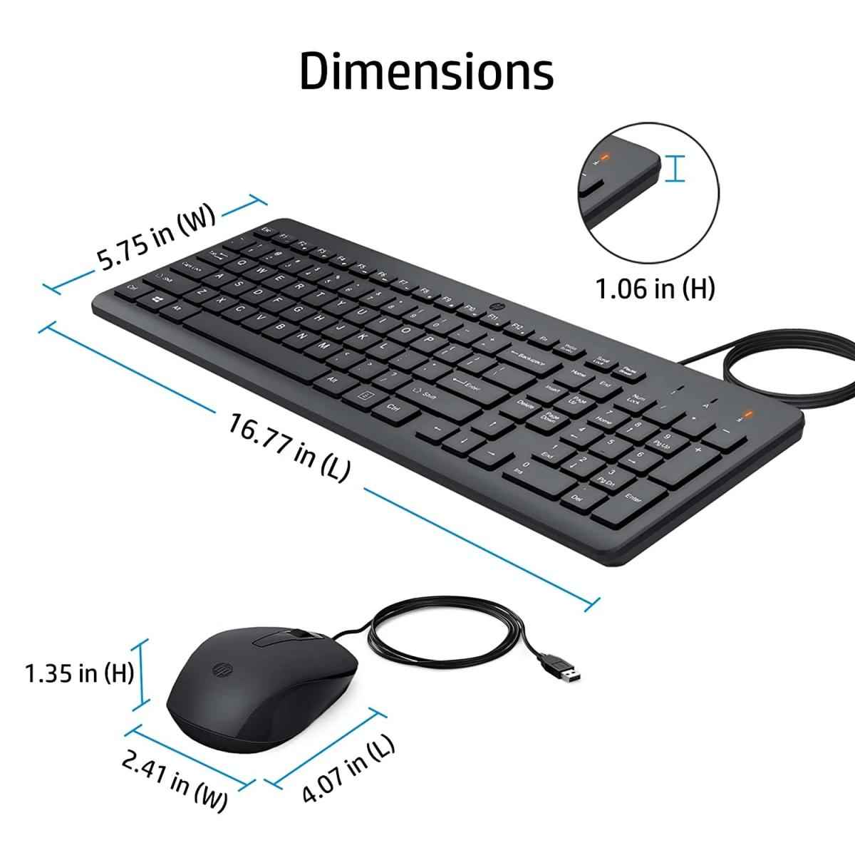 Hp 150 Wired Keyboard & Mouse Combo Usb 12 Shortcut Keys 6° Adjustable Slope Keyboard & 1600 Dpi Optical Sensor Mouse