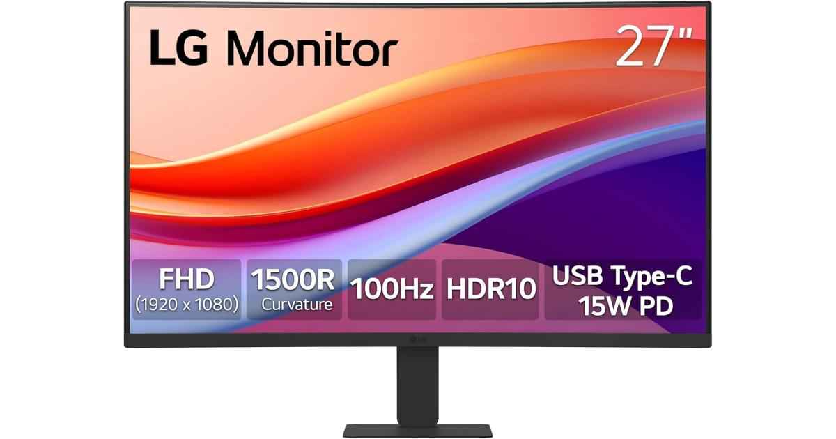 LG 27U421A-B 27'' FHD curved monitor with 100Hz refresh rate and USB-C port.