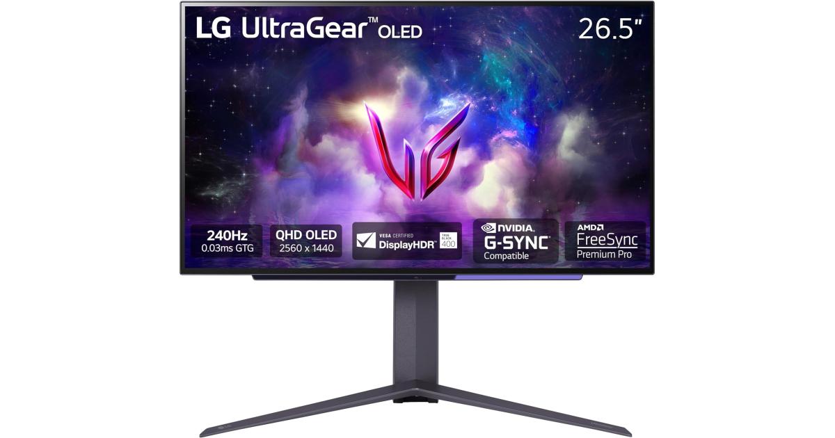 LG 27GS95QE-B UltraGear™ 27” OLED 2K HDR10 240Hz 0.03ms True Black 400 G-SYNC Compatible HDMI 2.1 Adjustable Stand - Black- Gaming Monitor - CompuMe LG 27GS95QE-B UltraGear™ 27” OLED 2K HDR10 240Hz 0.03ms True Black 400 G-SYNC Compatible HDMI 2.1 Adjustable Stand - Black- Gaming Monitor - CompuMe