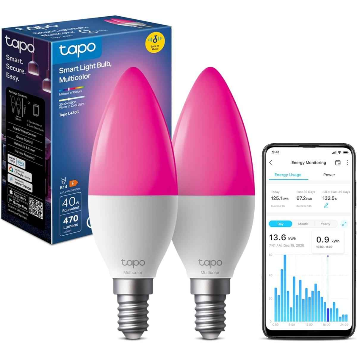 Tapo L430c (2 Pack) Smart Wifi Light Bulb E14, 470 Lumens, 16 Million Colours, Dimmable, Schedule & Timer, Energy Monitoring, Compatible With Alexa, Google Assistant And Samsung Smartthings