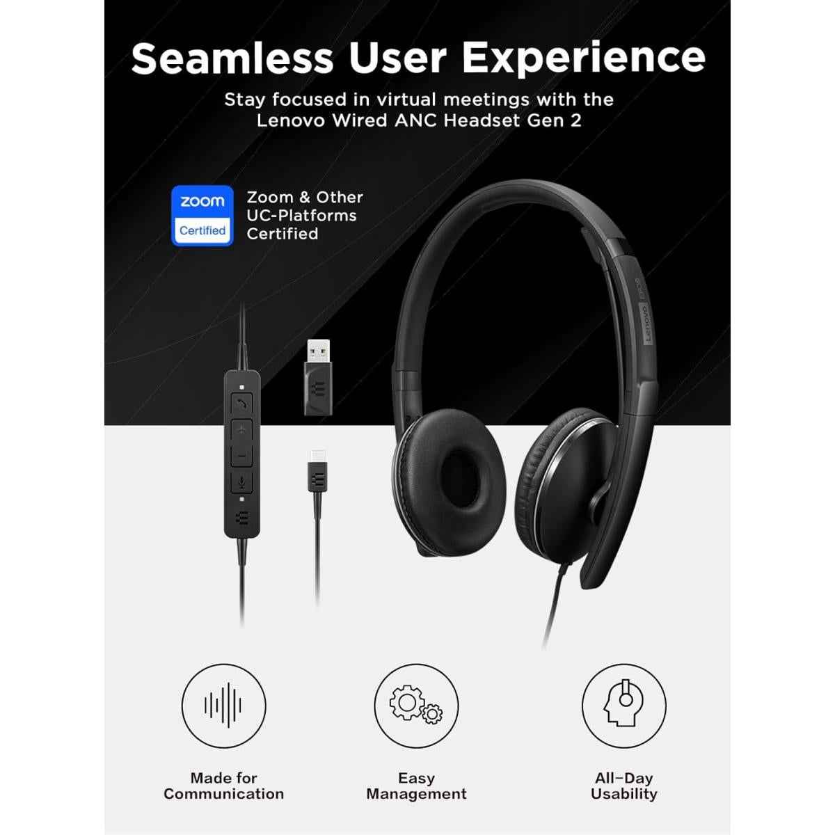 Lenovo Wired Anc Headset, Usb C And Usb A Conneivity, Zoom Certified, Aive Noise Cancellation, Hearing Proteion, 145g Lightweight Comfortable Design, Replaceable Earcups, Business Headset