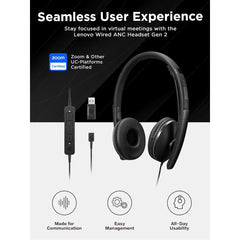 Lenovo Wired Anc Headset, Usb C And Usb A Conneivity, Zoom Certified, Aive Noise Cancellation, Hearing Proteion, 145g Lightweight Comfortable Design, Replaceable Earcups, Business Headset