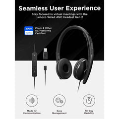 Lenovo Wired Anc Headset, Usb C And Usb A Conneivity, Zoom Certified, Aive Noise Cancellation, Hearing Proteion, 145g Lightweight Comfortable Design, Replaceable Earcups, Business Headset