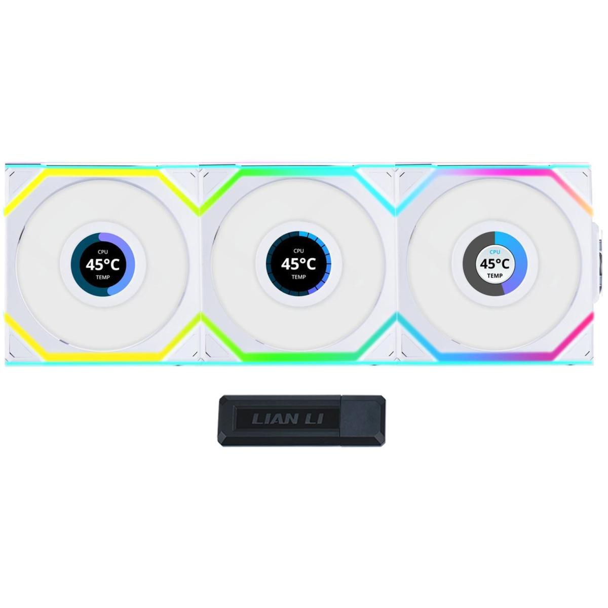 Lian Li UNI FAN SL Wireless LCD 120 Kit w/ Dual Zone ARGB, High Performance Triple Pack, 1.6" IPS Full color LCD Display, Daisy-Chain Style, 2.4 GHz Wireless Controller (Included) - White | G99.12SLLCD1W3W.00 | Lian Li UNI FAN SL Wireless LCD 120 Kit w/ Dual Zone ARGB, High Performance Triple Pack, 1.6" IPS Full color LCD Display, Daisy-Chain Style, 2.4 GHz Wireless Controller (Included) - White | G99.12SLLCD1W3W.00 |