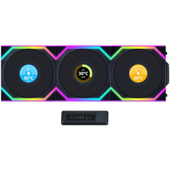 Lian Li UNI FAN SL Wireless LCD 120 Kit w/ Dual Zone ARGB, High Performance Triple Pack, 1.6" IPS Full color LCD Display, Daisy-Chain Style, 2.4 GHz Wireless Controller (Included) - Black | G99.12SLLCD1W3B.00 | - CompuMe