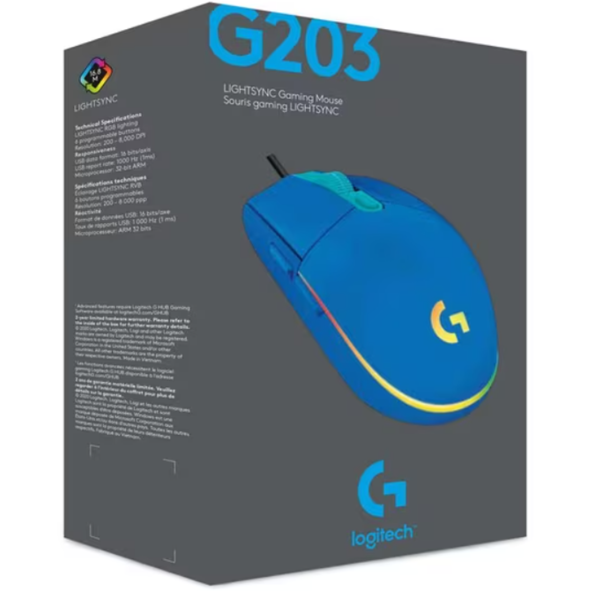 Logitech G203 (Blue) Wired Gaming Mouse, 8K DPI, LIGHTSYNC RGB, 6 Programmable Buttons, On - Board Memory, Screen Mapping, for & Mac