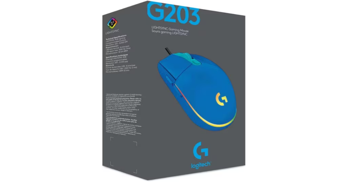 Logitech G203 (Blue) Wired Gaming Mouse, 8K DPI, LIGHTSYNC RGB, 6 Programmable Buttons, On-Board Memory, Screen Mapping, For PC & Mac
