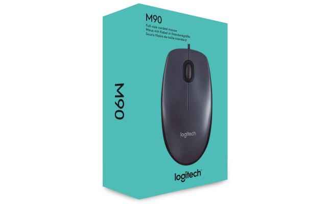 Logitech M90 1000 dpi USB Wired Optical Mouse, Comfort Ambidextrous Design - Black