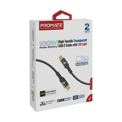 Promate LucidLine-CC120 USB-C™ to USB-C™ Cable Fast-Charging 100W with Transparent Tips LED 480Mbps