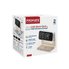 Promate Lumix-15W Multi-Function LED Alarm Clock with 15W Wireless Charger - White