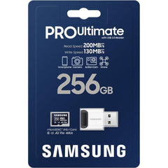 Samsung PRO Ultimate microSD Memory Card+Reader, 256GB microSDXC, Up to 200 MB/s, 4K UHD, UHS-I, Class 10, U3,V30, A2 for GoPRO Action Cam, DJI Drone, Gaming, Phones, Tablets