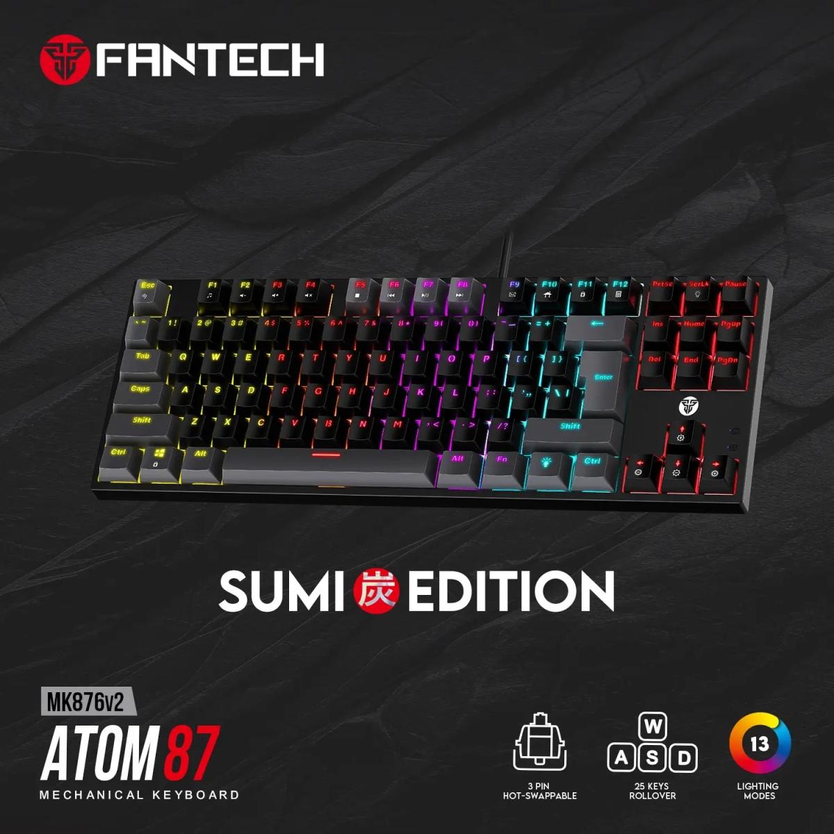 Fantech MK876 V2 Atom87 (TKL 75% Size) RGB Wired 2 Colors Combination Mechanical Gaming Keyboard Sumi Edition, 3 Pin Hot-Swappable Switches, 25 Anti-Ghosting Keys - Black/Blue Switch | MK876V2 BL(BL) | Fantech MK876 V2 Atom87 (TKL 75% Size) RGB Wired 2 Colors Combination Mechanical Gaming Keyboard Sumi Edition, 3 Pin Hot-Swappable Switches, 25 Anti-Ghosting Keys - Black/Blue Switch | MK876V2 BL(BL) |