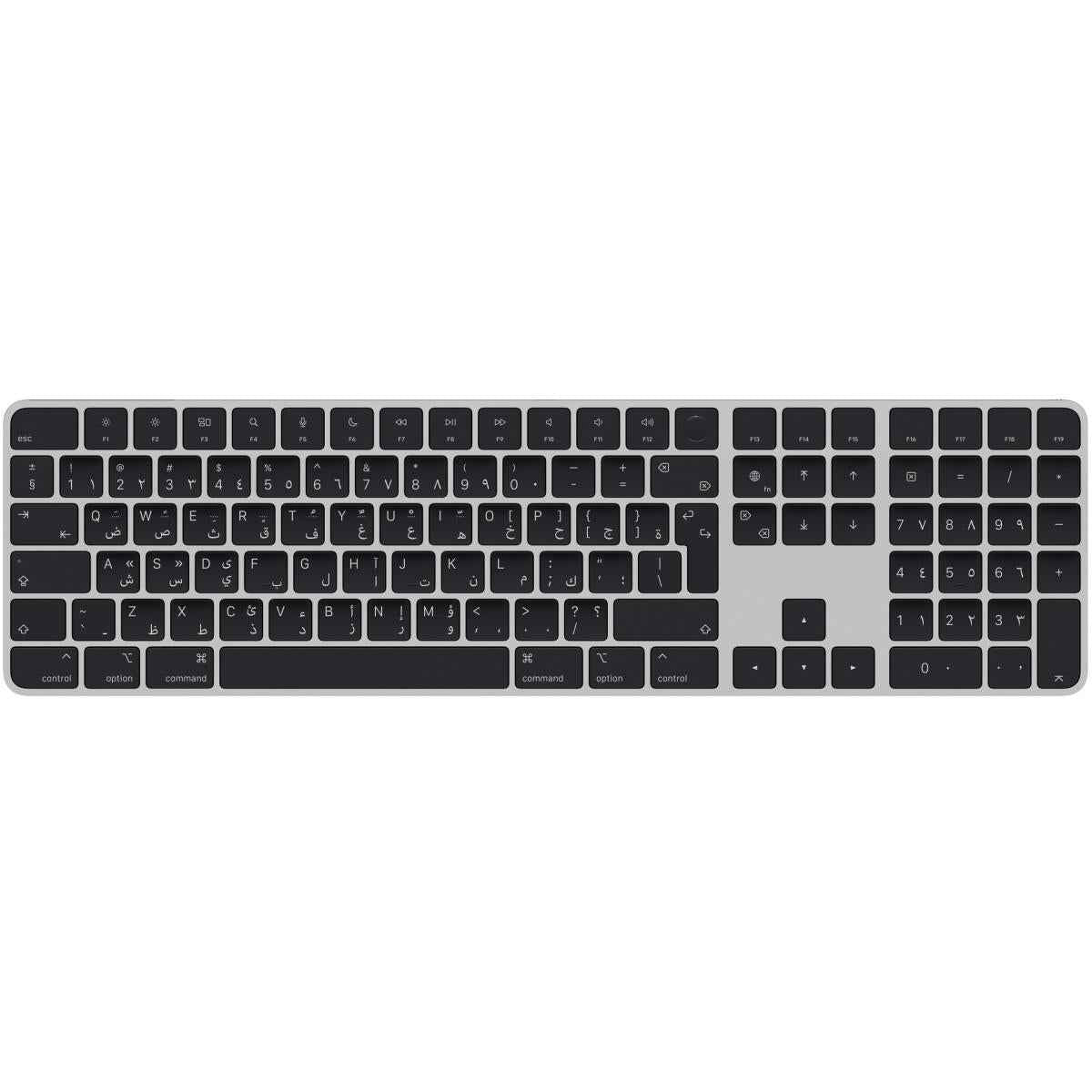 Apple Wireless Magic Keyboard With Touch ID & Numeric Keypad For Mac Models With Apple Silicon - Arabic, Slim Design, Bluetooth, Lightning Port (USB-C To Lightning) - Silver With Black Keys | MXK83AB/A |