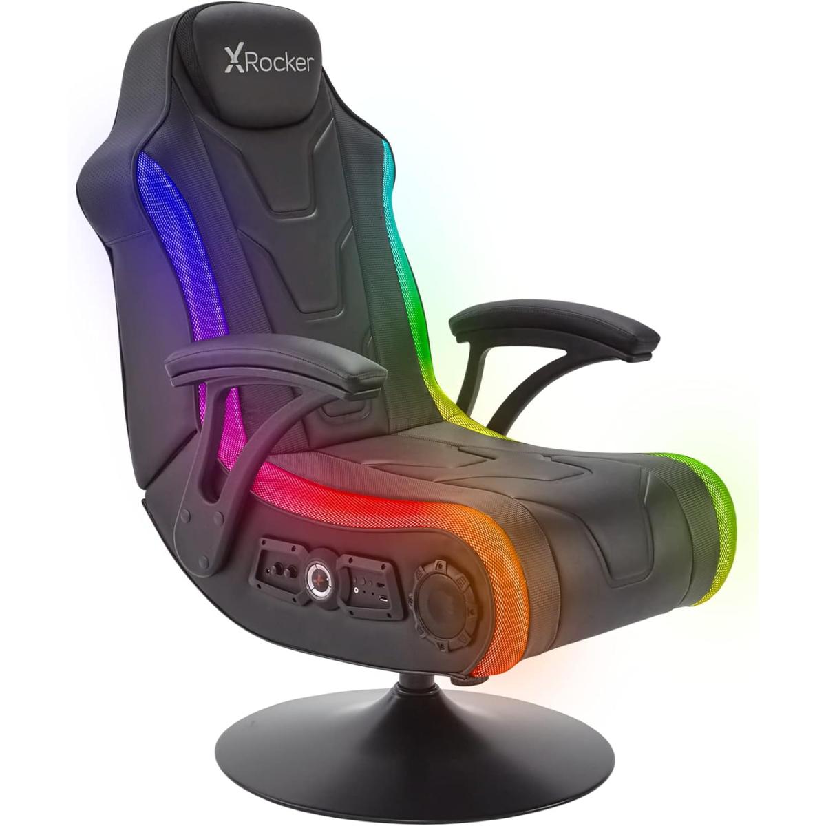 X-Rocker Monsoon RGB 4.1 Audio Pedestal Gaming Chair, 4.1 Surround Sound Light Up Gaming Seat w/ 30 Neo Motion RGB Settings, Bluetooth Wireless Speakers, Subwoofer and Vibration, Padded Armrests Faux Leather - BLACK | X-Rocker Monsoon RGB Gaming Chair | O - CompuMe