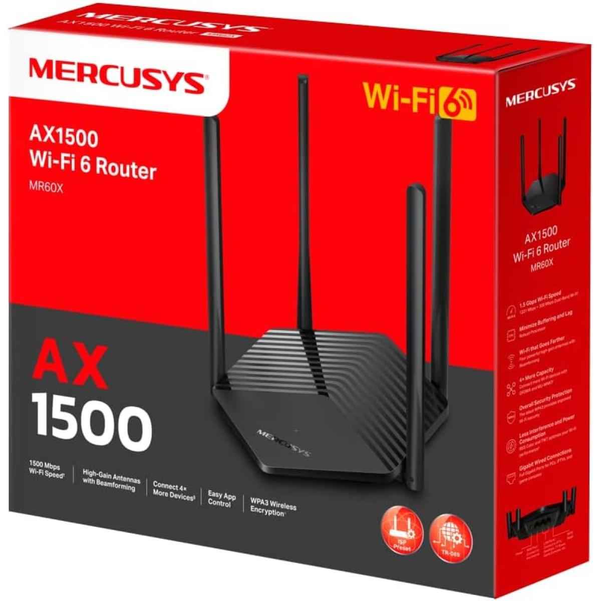 Mercusys Mr60x Ax1500 Wi Fi 6 Router, Dual Band, Wired/ Wireless, Ofdma, Mu Mimo, 4 High Gain Antennas, Gigabit Ports, Smart Conne, Wpa3 Security, Power Saving, Parental Control, Guest Network