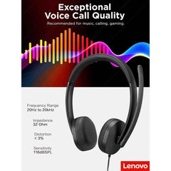 Lenovo Usb A Wired Stereo Headset For Pc/laptop, Ai Noise Canceling Via App, 140g Lightweight, Replaceable Earcups, Double Sided Boom Mic, In Line Controls With Mute For Call. Work With Teams/zoom