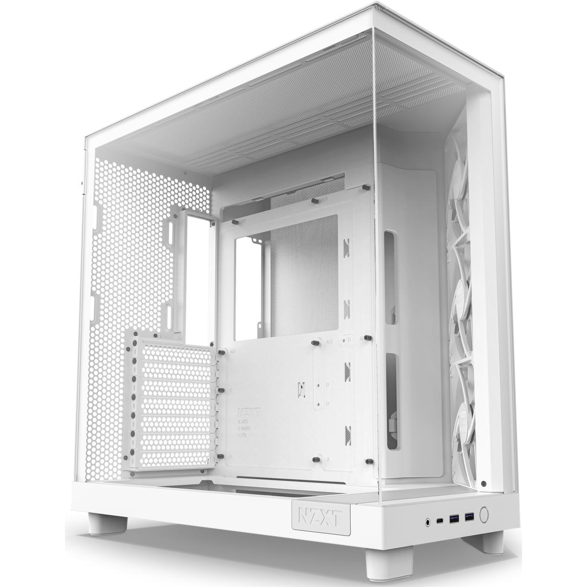 NZXT H6 Flow Perforated Compact Dual-Chamber Mid-Tower Tempered Glass Gaming Case w- 3xF120Q Fans & USB Type-C Port - White - CC-H61FW-01 -White- -