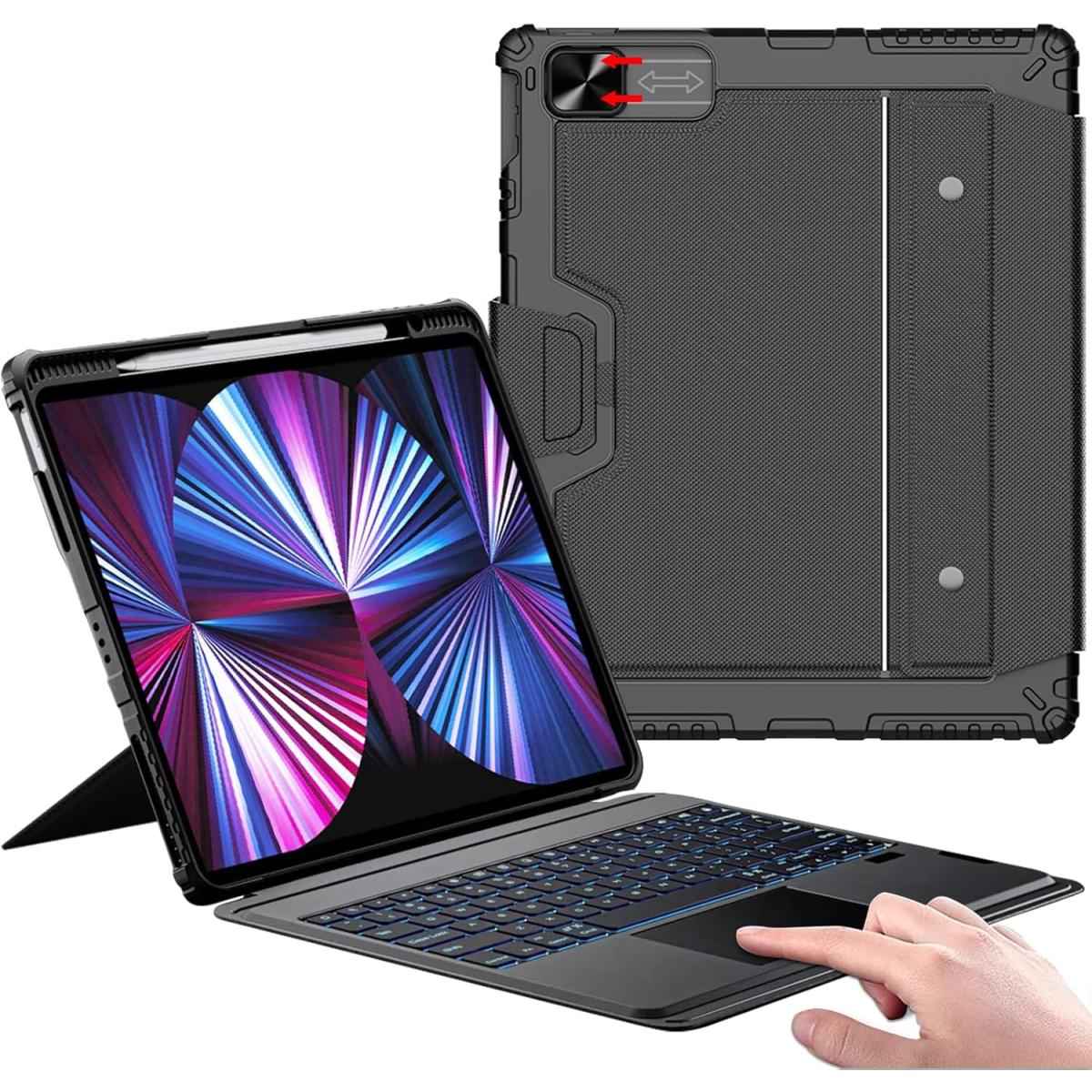 Nillkin Ipad Air 13 Inch Case Keyboard (m3,2025/m2,2024), Slide Camera Cover, Ipad Pro 12.9 Proteive Case With Backlit Wireless Detachable Keyboard Arabic / English, Trackpad And Pencil Holder Black