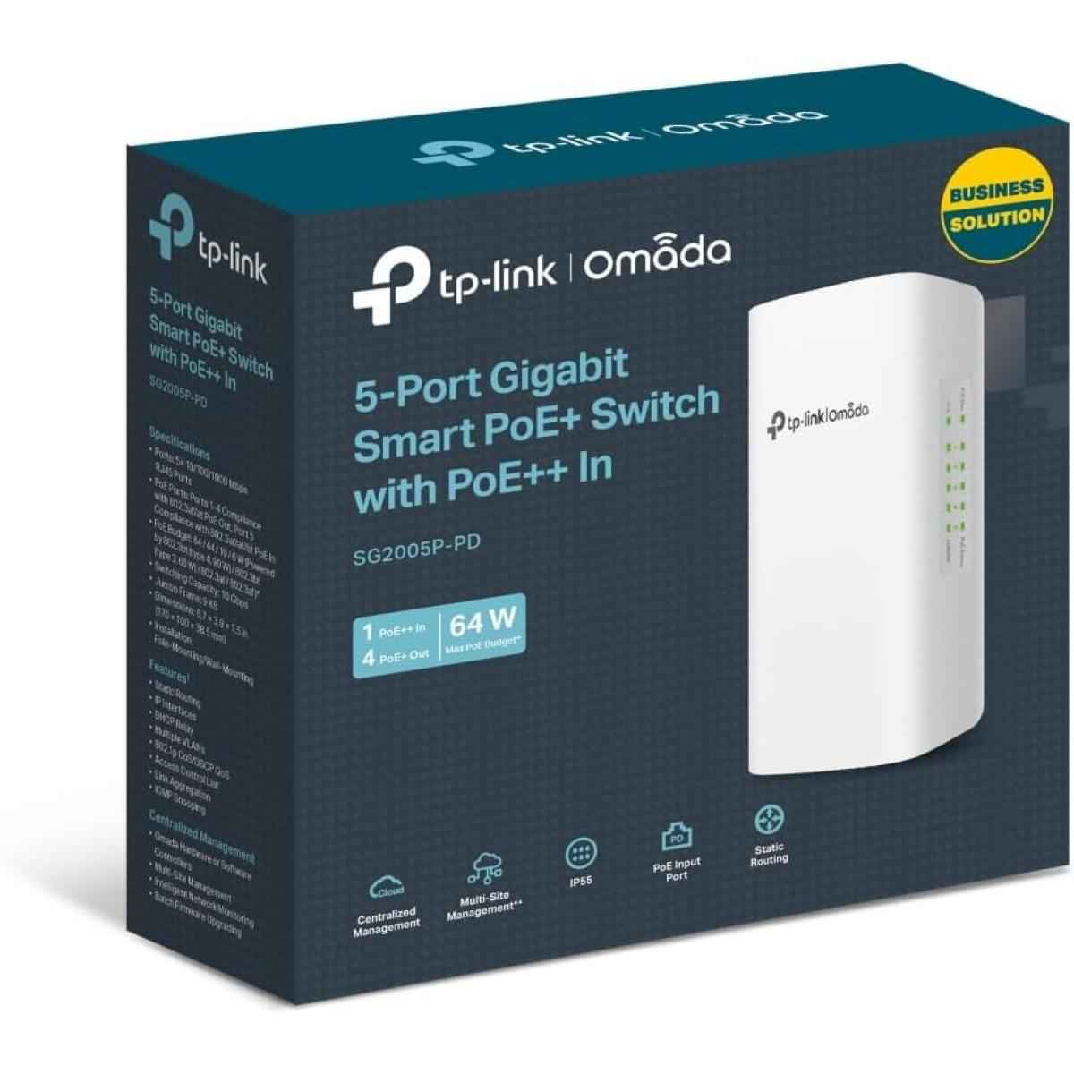 Tp Link Omada Sg2005p Pd 5 Port Outdoor Poe Passthrough Gigabit Ethernet Switch | 1 Poe++ In@90w, 4 Poe+ Out Up To 64w | Ip55, Static Routing, Access Control List, Qos, Vlan | Poe Powered Only