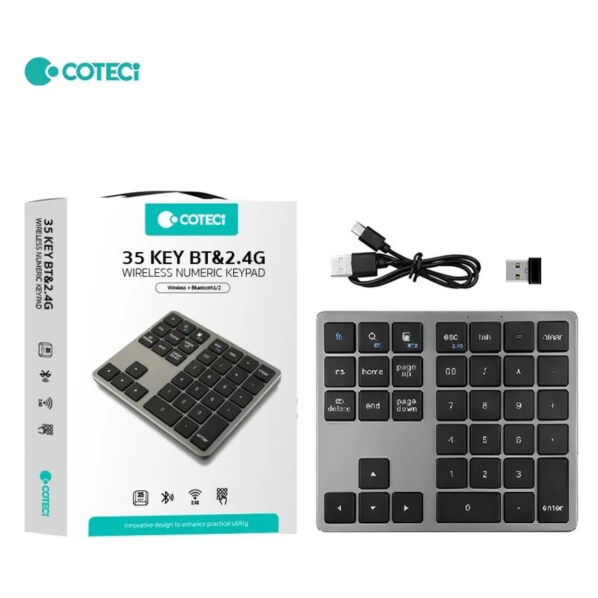 Coteci Numeric Keypad, 35 Keys Portable Wireless & Bluetooth Numeric Keypad Rechargeable Ultra Silent External Numeric Pad For Macbook And Windows Laptop Black - CompuMe