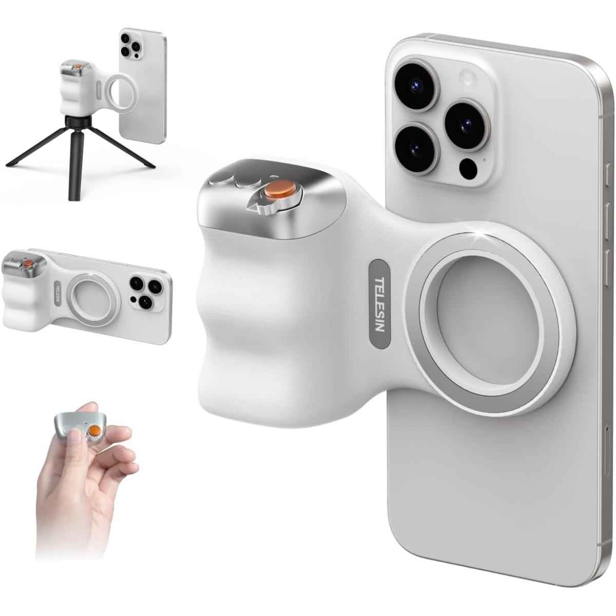 Telesin Fun Shot Magnetic Phone Camera Dslr Style Shutter Grip For Iphone & Android With Detachable Wireless Shutter Button 1/4" Screw Comfort Ergonomic Camera Grip Handle Holder