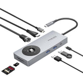 Promate Comandhub Pro 14 In 1 Highspeed Multiport Usb C Hub With 100w Pd Passthrough & Multimedia Controls, 4k @ 60hz Hdmi Support, 1gbps Ethernet Port, 50cm Braided Cable Length, Gray - CompuMe