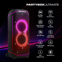 JBL PartyBox Ultimate 1100W Party Speaker, Dolby Atmos for 3D Sound, Wi-Fi 6 & BT, Starry LEDs & Lighting Effes, 6 Drivers for Balanced Audio, 2 x Mic Inputs & Guitar Jack, Black