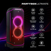 JBL PartyBox Ultimate 1100W Party Speaker, Dolby Atmos for 3D Sound, Wi-Fi 6 & BT, Starry LEDs & Lighting Effes, 6 Drivers for Balanced Audio, 2 x Mic Inputs & Guitar Jack, Black