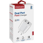 Promate Biplug 2 USB - C Adapter Universal 17w Multi Port Wall Charger with 5v/3a Type C Port & 5v/2.4a USB A Port EU Outlet White