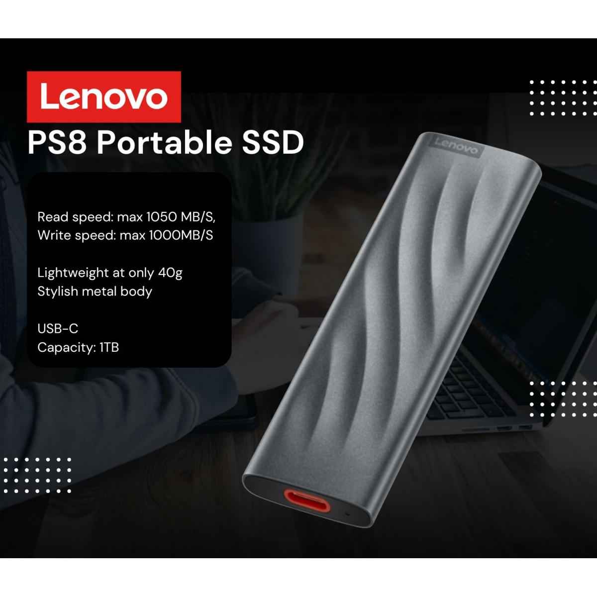 Lenovo Ps8 1tb Portable Ssd Fast Data Up To 1050 Mb/s Pocket Sized External Ssd Stylish Metal Body Usb 3.2 Gen 2 , Grey