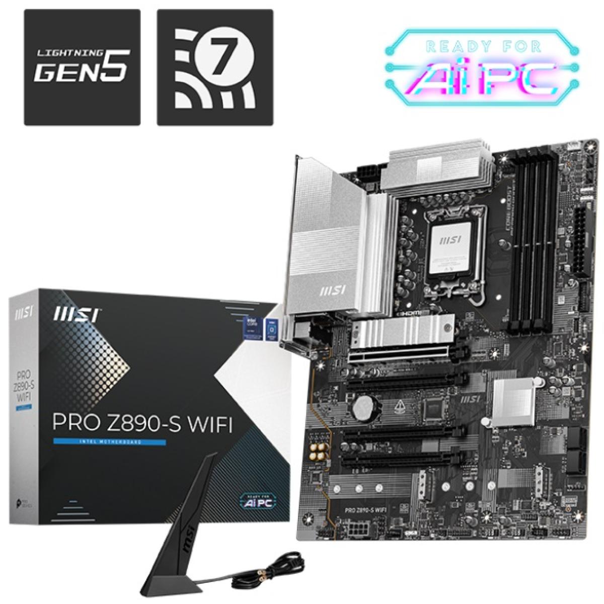 MSI PRO Z890-S WIFI -Wi-Fi 7-, Intel Core Ultra -Series 2-, LGA 1851-DDR5-PCIe 5.0-3xM.2 - ATX Gaming MotherBoard - PRO Z890-S WIFI -