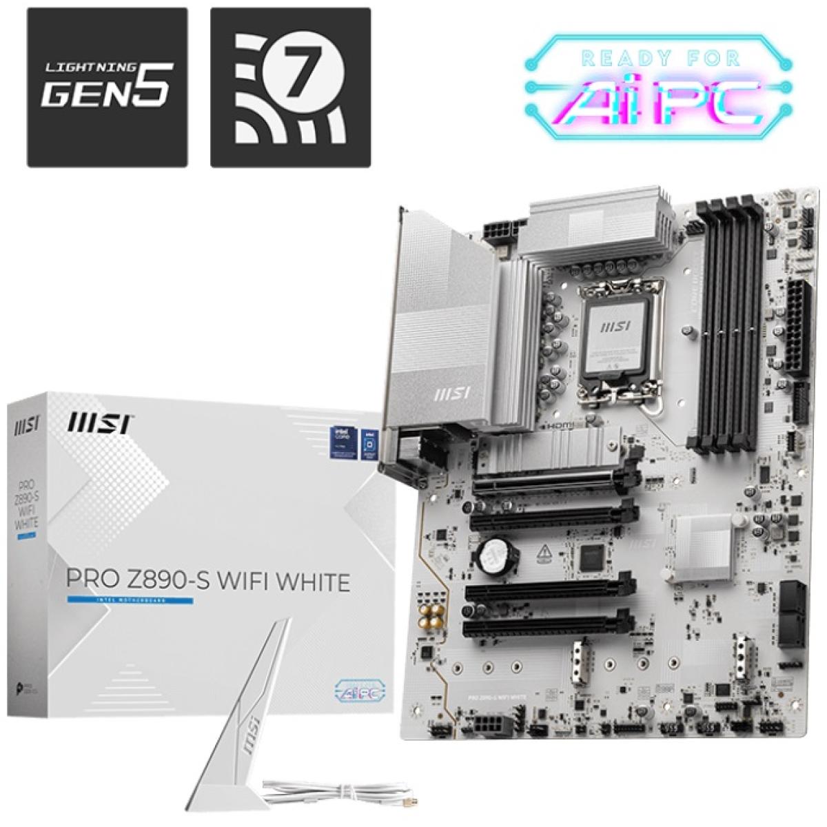 MSI PRO Z890-S WIFI WHITE -Wi-Fi 7-, Intel Core Ultra -Series 2-, LGA 1851-DDR5-PCIe 5.0-3xM.2 - ATX Gaming MotherBoard - PRO Z890-S WIFI WHITE -
