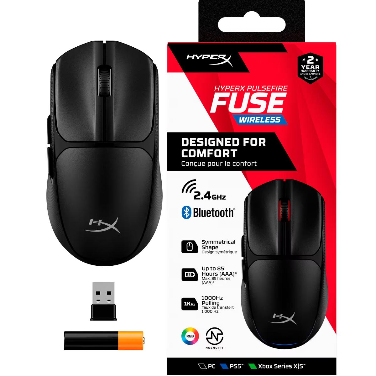 Hyperx Pulsefire Fuse Wireless & Bluetooth Lightweight 75g Long Battery Life Up To 850 Hours Up To 12k Dpi Led Rgb Lighting 2 Support Pc, Ps5™, Xbox Series X|s , Black - CompuMe