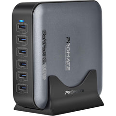 Promate PowerBase-GaN285 285W GaN Charging Station, 6-Port USB-C Desktop Charger with PPS, 100W/65W/30W Outputs, Overheat Protection, Stand and 1.5M Cable, for MacBook, iPhone, Galaxy - Black