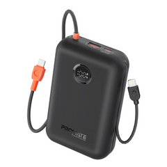 Promate PowerPod-30 30000mAh Compact Power Bank with Built-In USB-C & Lightning Cable - Black
