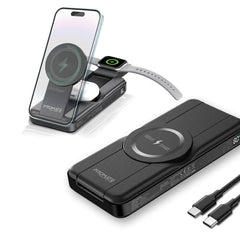 Promate Powerpack-Fold 5 in 1 Magsafe Power Bank, 10000mah 15W Foldable Wireless Powerbank - iPhone 15/15+/15 Pro/15 Pro Max, 14/14+/14 Pro/Max, Apple Watch, Air Pods, 18W USB QC 3.0 Port, 20W USB-C - Black