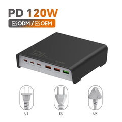 LDNIO Q605 120W 6 Ports USB C PD Tablet Laptop Fast Charger Multi-port High Power Desktop Charger US EU UK Plug Charger Adapter - Black