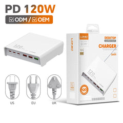 LDNIO Q605 120W 6 Ports USB C PD Tablet Laptop Fast Charger Multi-port High Power Desktop Charger US EU UK Plug Charger Adapter - White