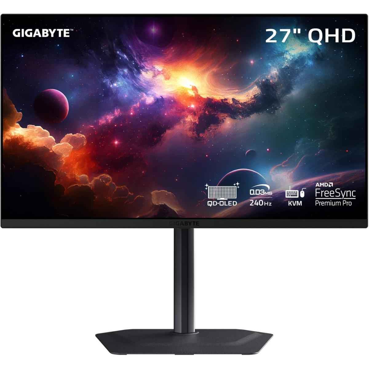 Gigabyte Mo27q2 27” Qd Oled Gaming Monitor Qhd 2k 240hz 0.03ms Gtg Amd Freesync Premium Pro Type C Kvm Hdmi, Dp, Type C W/ Height Adjustable & Speakers Black