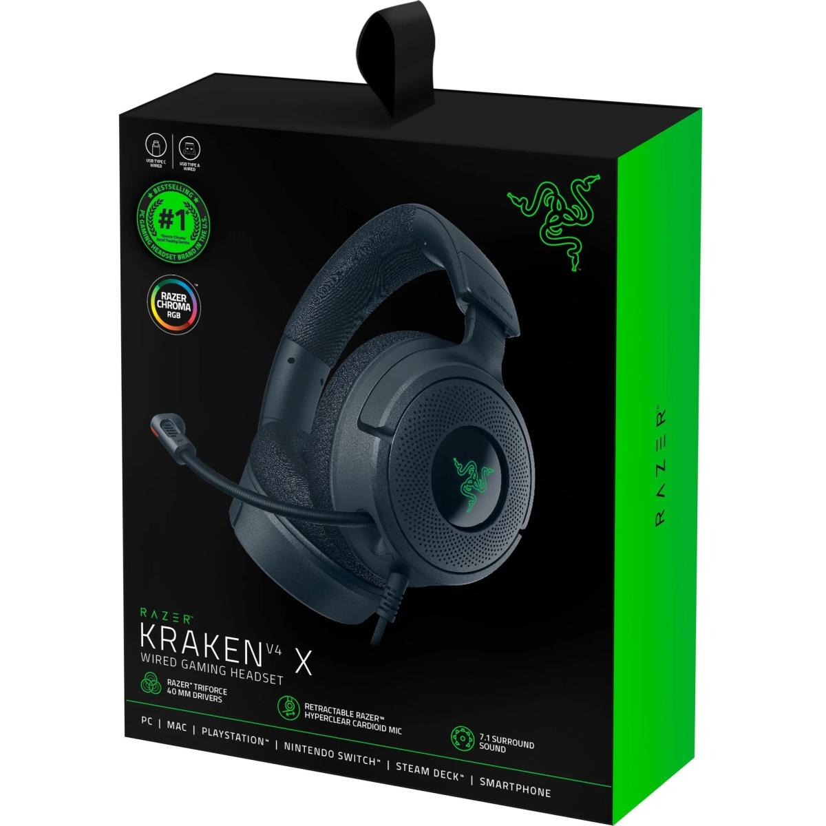 Razer Kraken V4 X Chroma RGB Wired Gaming Headset w/ 7.1 surround sound, Cardioid Mic & Memory Foam Cushions, Type C & Type A Cable for PC, Mac, PS5,Smartphone | RZ04--R3M1 | - CompuMe Razer Kraken V4 X Chroma RGB Wired Gaming Headset w/ 7.1 surround sound, Cardioid Mic & Memory Foam Cushions, Type C & Type A Cable for PC, Mac, PS5,Smartphone | RZ04--R3M1 | - CompuMe