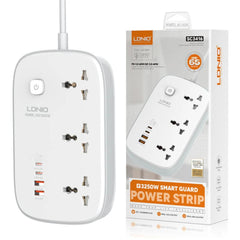 LDNIO SC3416 65W Power Strip with 3 Universal Outlets 4 USB Port Socket Power Socket with 2M Bold Extension Cord Surge Proteor - White