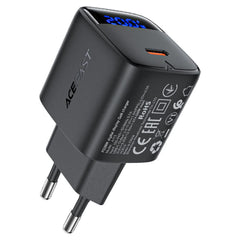 ACEFAST A113 Fast Charge Wall Charger 20W GaN LED Digital Display Multiple Safety Proteion 1x USB-C - EU Interface, with a 1M USB-C to USB-C fast charging cable - Black