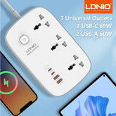 LDNIO SC6 Universal Power Socket 3250W USB C PD Fast Charging 3 Outlet Multi Plug Extension Cord, 2M Cable Surge Protector - White
