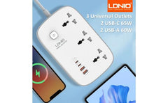 LDNIO SC6 Universal Power Socket 3250W USB C PD Fast Charging 3 Outlet Multi Plug Extension Cord, 2M Cable Surge Protector - White
