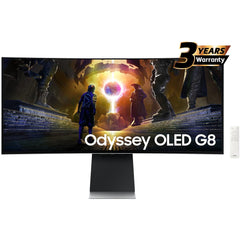Samsung Odyssey OLED G8 2025 Smart (DG852) 34" 3K UWQHD (3440x1440) Curved, 175Hz, 0.03ms(GTG), QD-OLED, HDR10+, 10Bits, 99% DCI Coverage PRO Colors, G-Sync Compatible, w/ Adaptive Sound Pro Speakers, Ergonomic Stand & Core Sync | LS34DG852SMXUE
