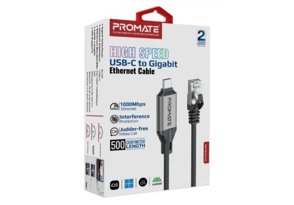 Promate Ultra-Fast Ethernet to USB-C Adapter Cable with 1000Mbps RJ45 Input, 5M Tangle-Free Cable, Seamless USB-C 3.2 Output for High-Speed Internet, Durably Built, and Reliable Connection for Laptops