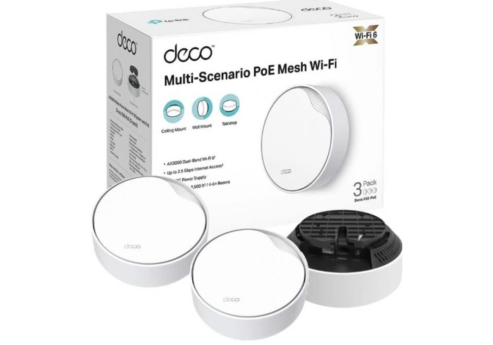 TP-Link Deco AX3000 PoE Mesh WiFi(Deco X50-PoE), Ceiling/Wall-Mountable WiFi 6 Mesh, Replacing WiFi Router, Access Point and Range Extender, PoE-Powered, 2 PoE Ports(1 x 2.5G, 1 x Gigabit), 3-Pack TP-Link Deco AX3000 PoE Mesh WiFi(Deco X50-PoE), Ceiling/Wall-Mountable WiFi 6 Mesh, Replacing WiFi Router, Access Point and Range Extender, PoE-Powered, 2 PoE Ports(1 x 2.5G, 1 x Gigabit), 3-Pack