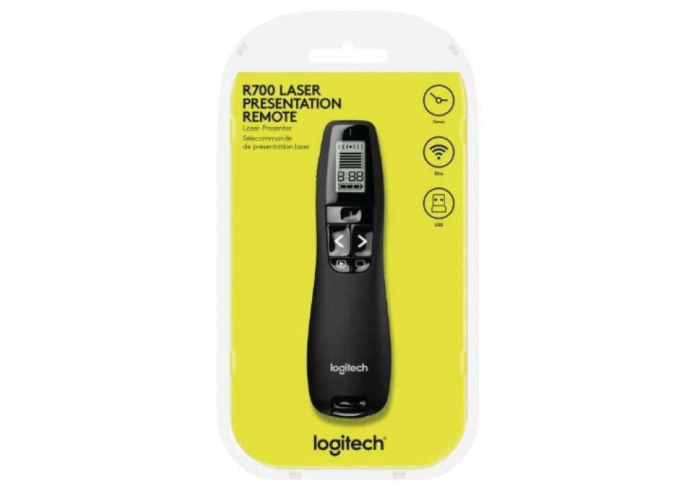 Logitech R700 Wireless Presentation Remote, 2.4 GHz with Nano USB-Receiver, Red Laser Pointer, Slideshow Buttons, 30-Meter Operating Range, LCD-Display for Time Tracking, 6 Buttons, for PC - Black