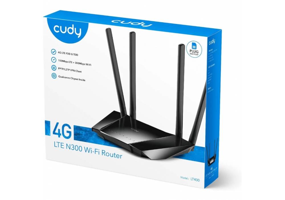 Cudy LT400 4G LTE N300 300 Mbps WiFi Router SIM Card Slot for Any Operator FDD and TDD, DDNS, PPTP/L2TP VPN