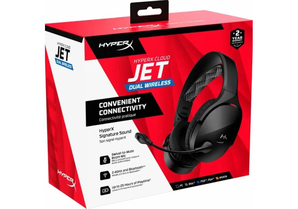HyperX Cloud Jet - Wireless Gaming Headset Dual Wireless & Bluetooth Signature HyperX Sound Swivel-to-mute Boom Mic Up to 25 hours of Playtime Intuitive Audio Controls , Black